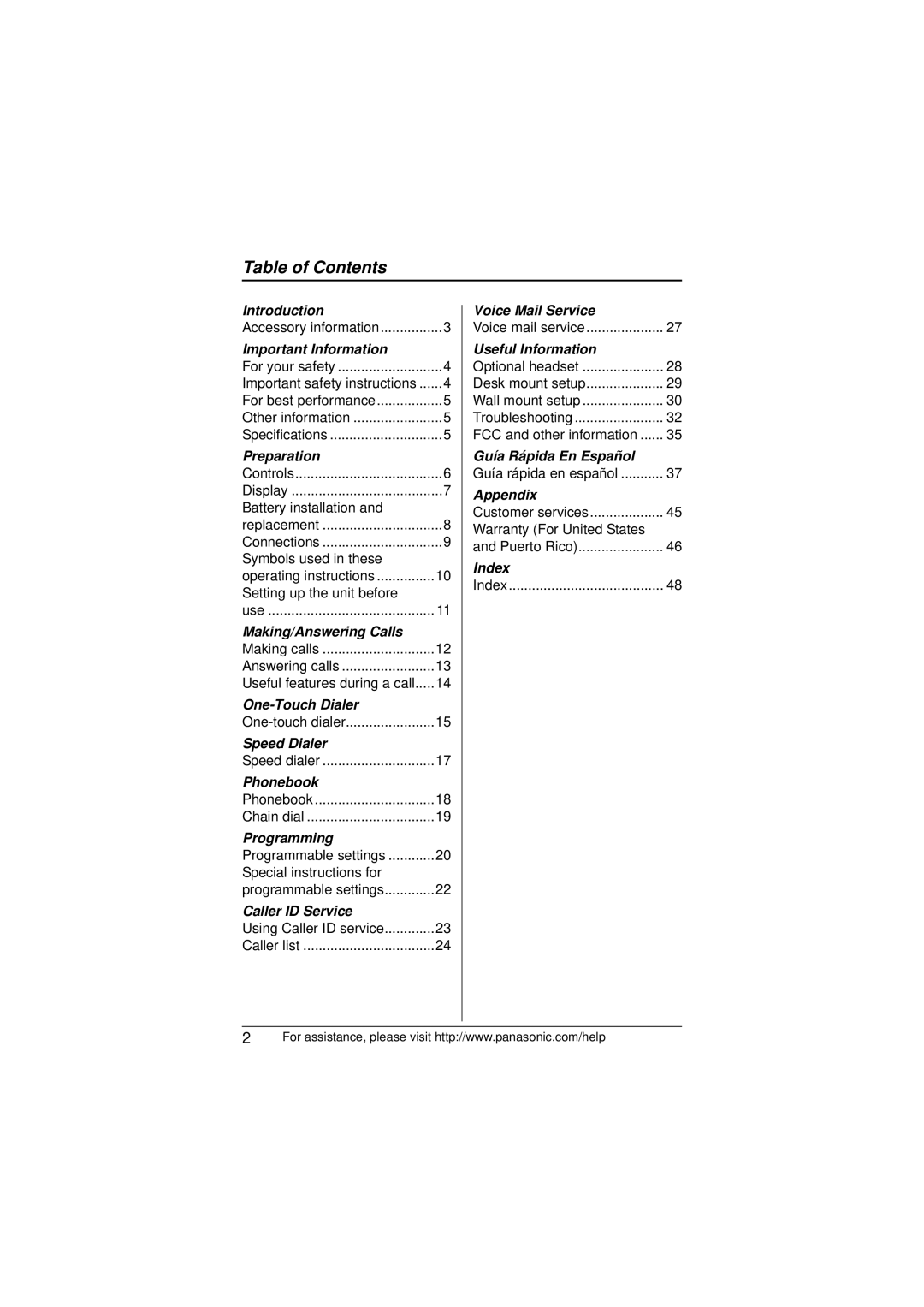 Panasonic KX-TS880 operating instructions Table of Contents 