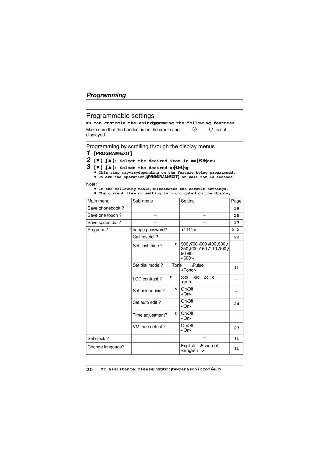 Panasonic KX-TS880 Programmable settings, Programming by scrolling through the display menus, Main menu Sub-menu Setting 