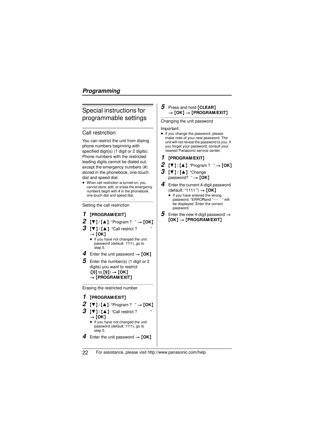 Panasonic KX-TS880 Special instructions for programmable settings, Call restriction, Setting the call restriction 