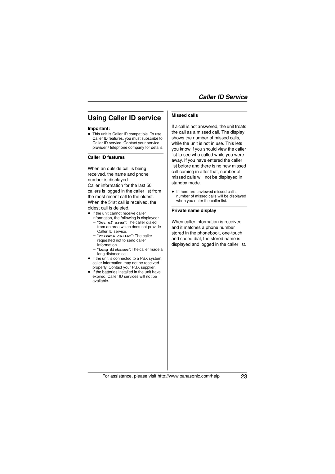 Panasonic KX-TS880 operating instructions Using Caller ID service, Caller ID features, Missed calls, Private name display 