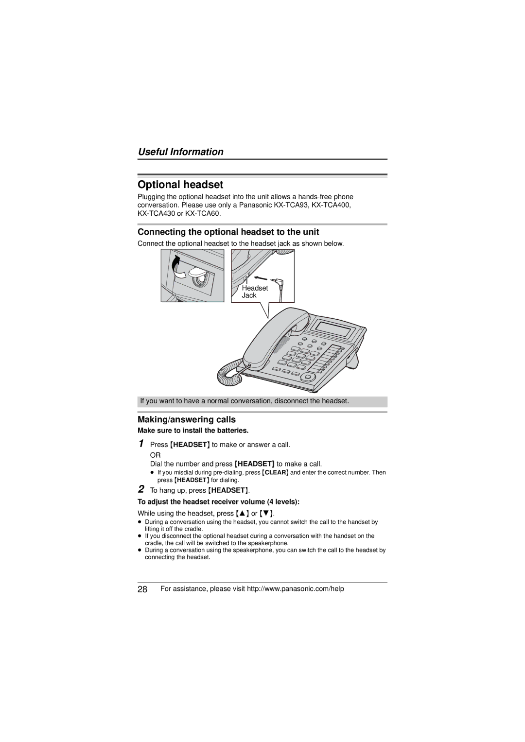 Panasonic KX-TS880 Optional headset, Connecting the optional headset to the unit, Making/answering calls 