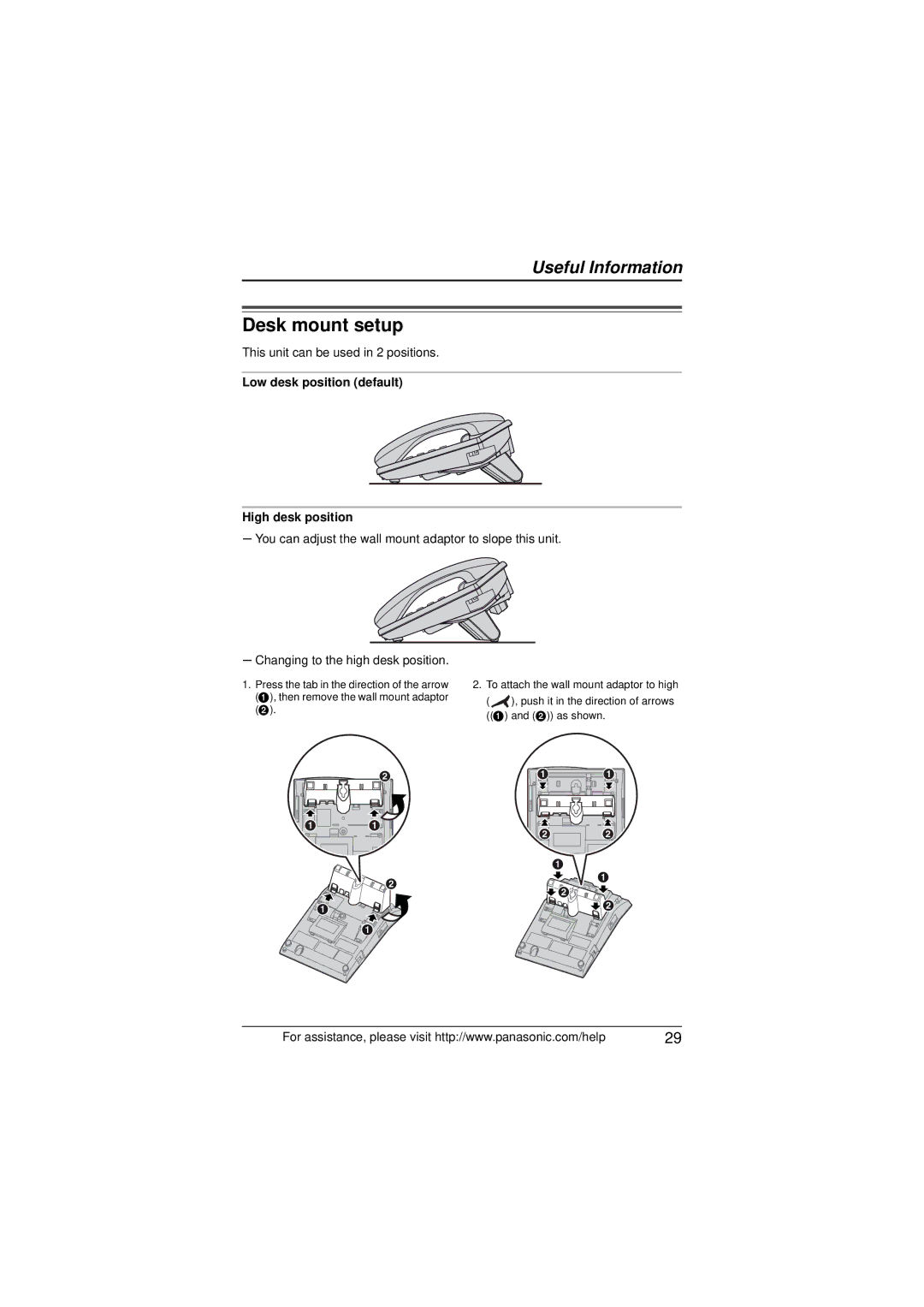 Panasonic KX-TS880 Desk mount setup, This unit can be used in 2 positions, Low desk position default High desk position 