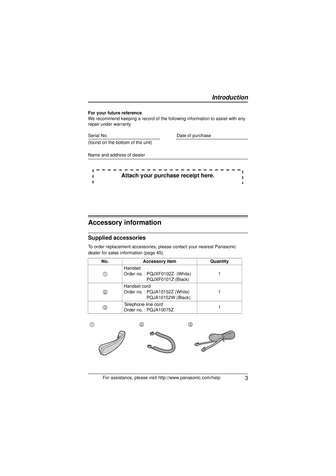 Panasonic KX-TS880 Accessory information, Attach your purchase receipt here, Supplied accessories, Accessory item Quantity 