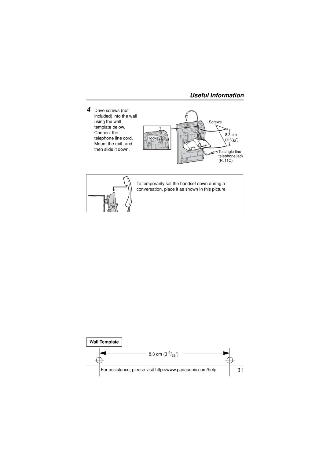 Panasonic KX-TS880 operating instructions Mount the unit, Then slide it down, Wall Template, Cm 3 9/32 