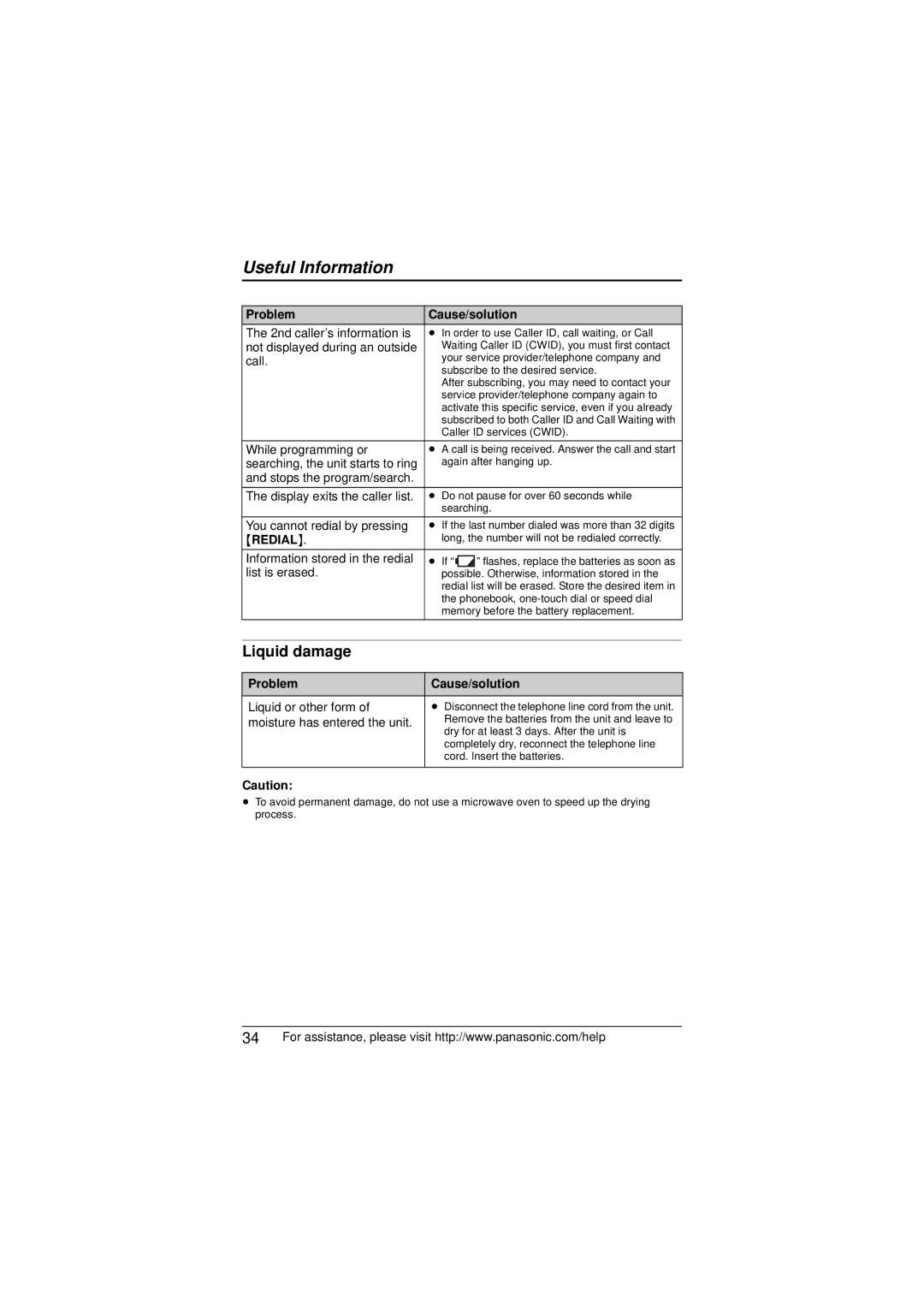 Panasonic KX-TS880 operating instructions Liquid damage 