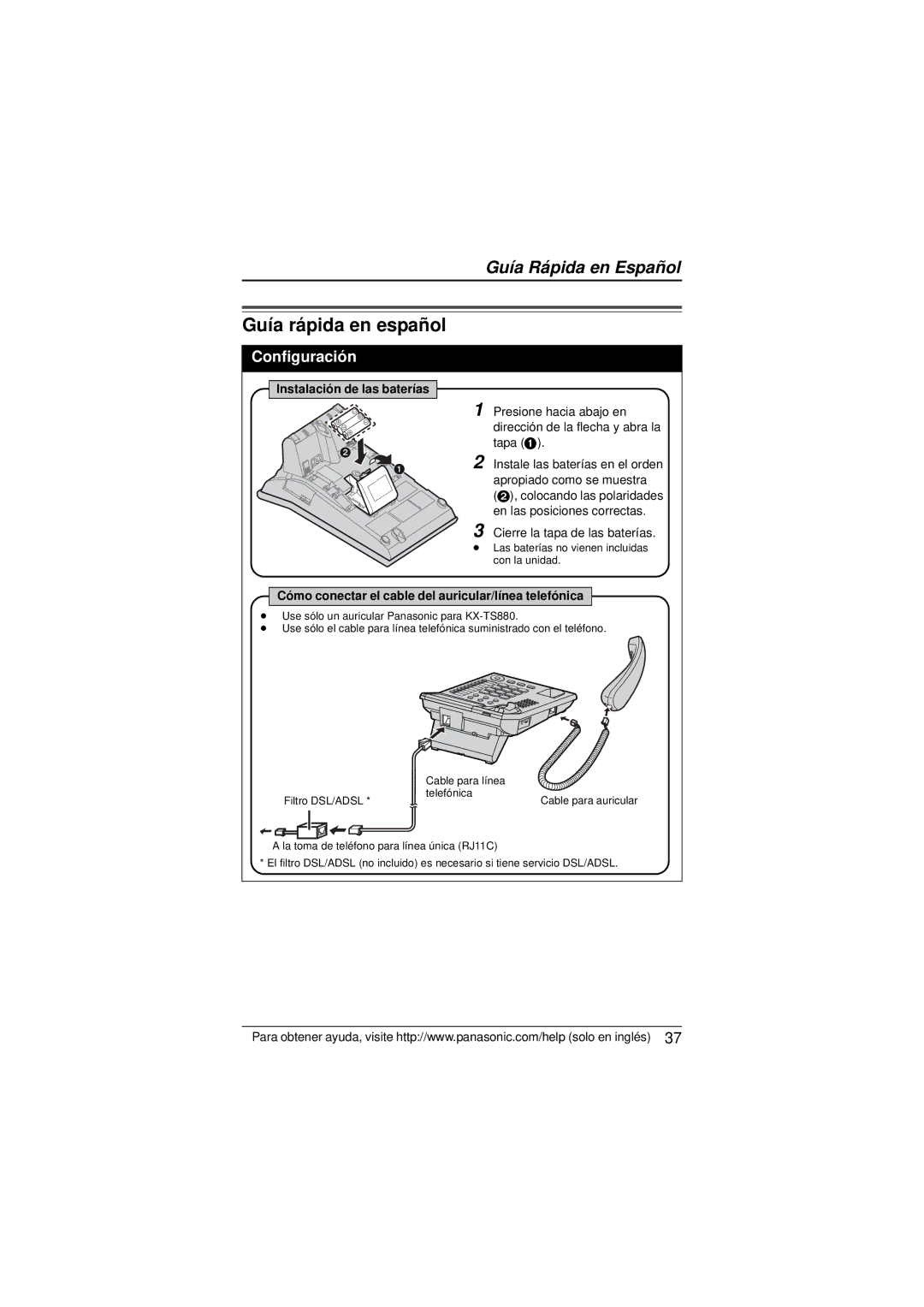 Panasonic KX-TS880 operating instructions Guía rápida en español, Configuración, Instalación de las baterías 