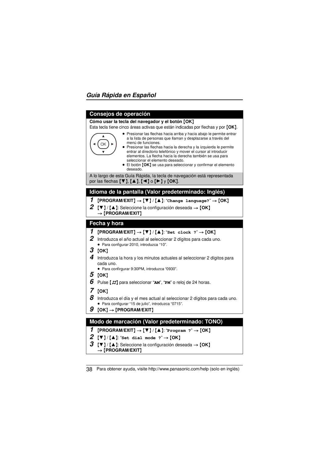 Panasonic KX-TS880 Consejos de operación, Idioma de la pantalla Valor predeterminado Inglés, Fecha y hora 