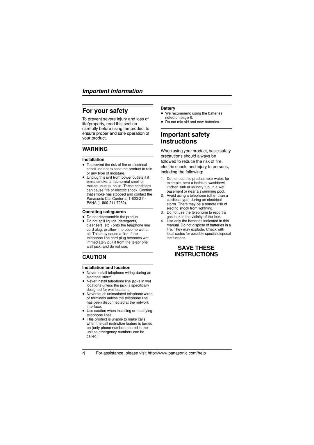 Panasonic KX-TS880 operating instructions For your safety, Important safety instructions 