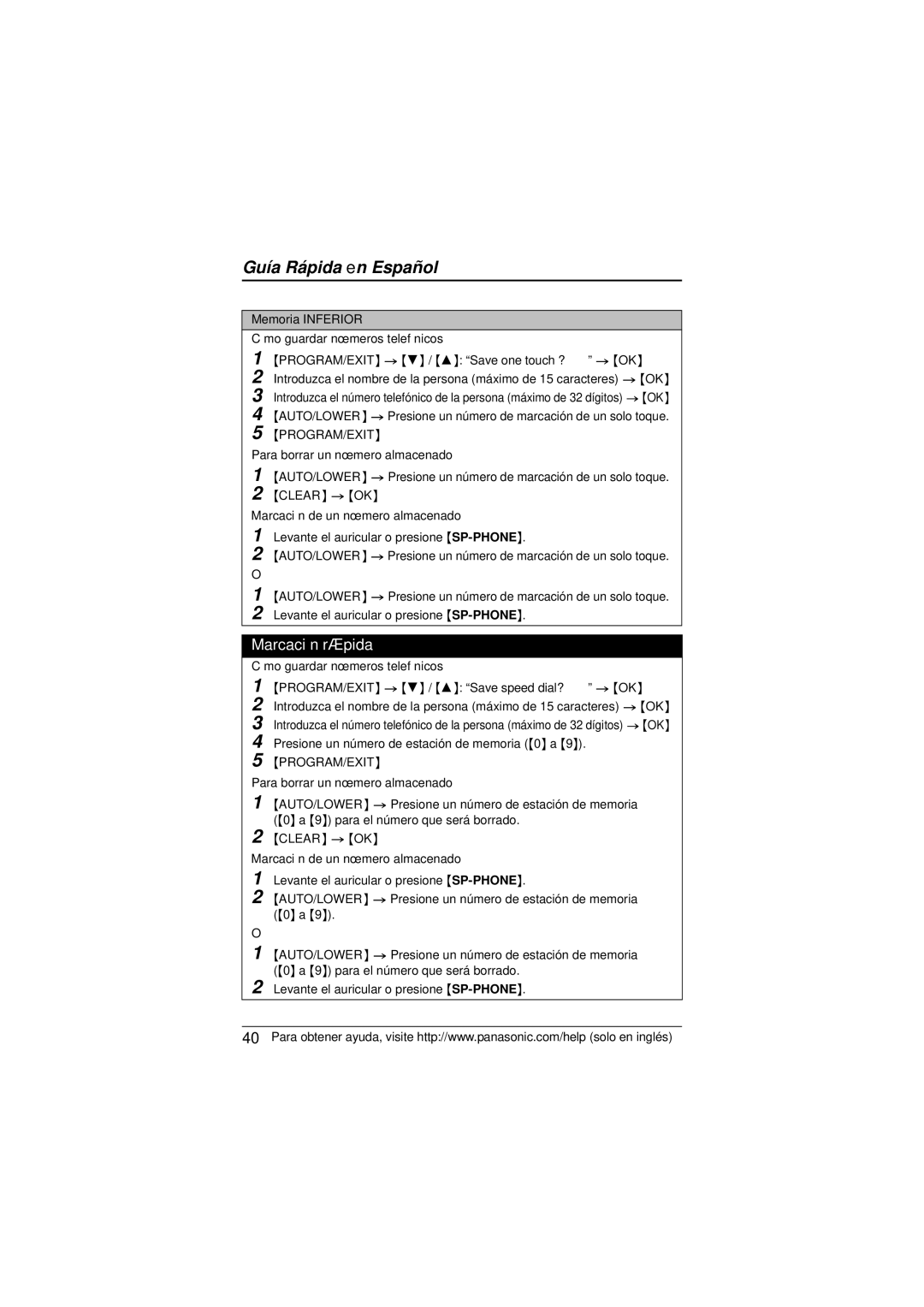 Panasonic KX-TS880 operating instructions Marcación rápida, Memoria Inferior Cómo guardar números telefónicos 