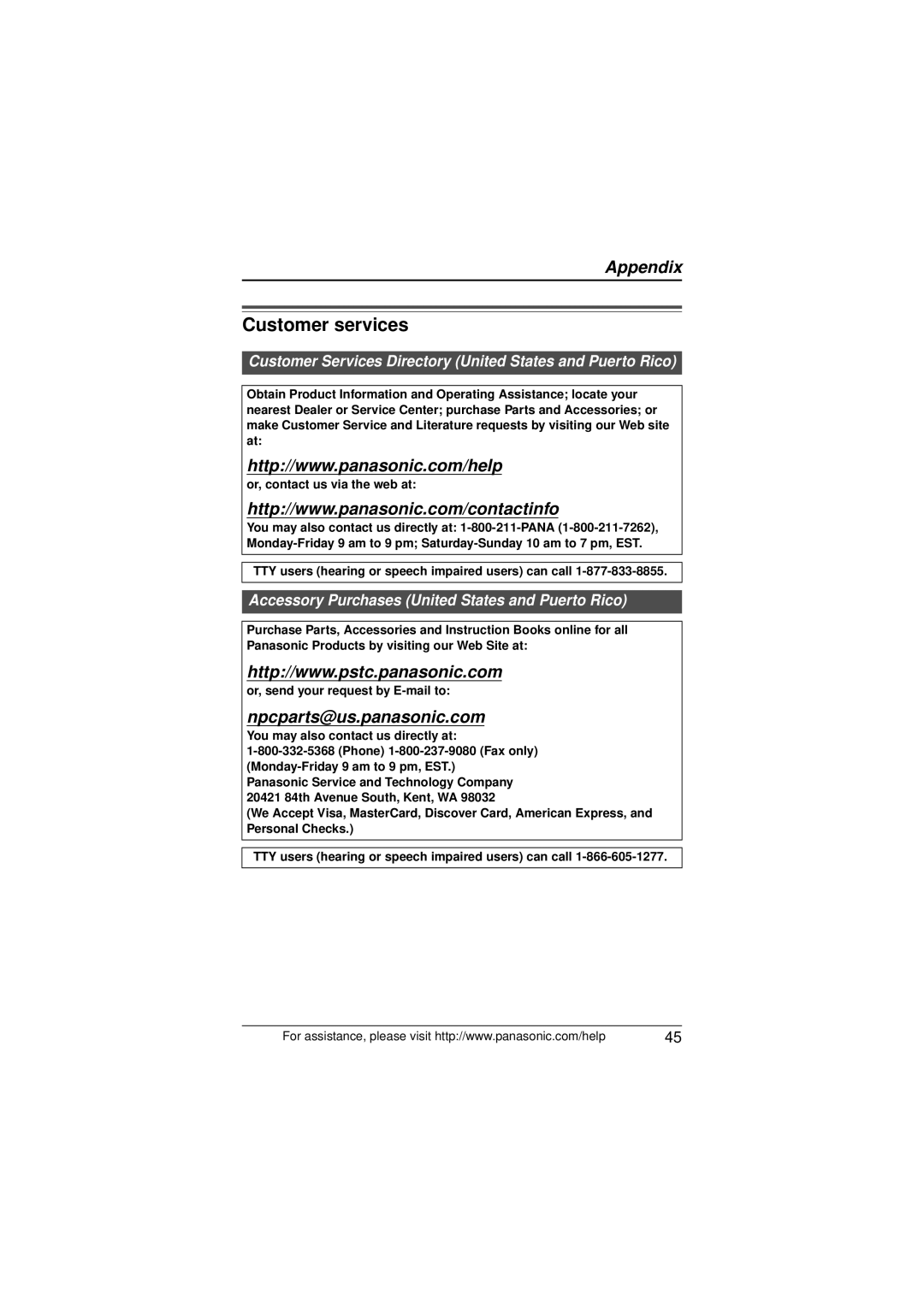 Panasonic KX-TS880 operating instructions Customer services, Customer Services Directory United States and Puerto Rico 