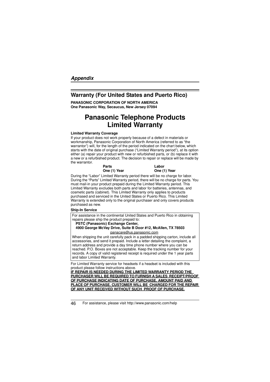 Panasonic KX-TS880 Warranty For United States and Puerto Rico, One Panasonic Way, Secaucus, New Jersey, Ship-In Service 