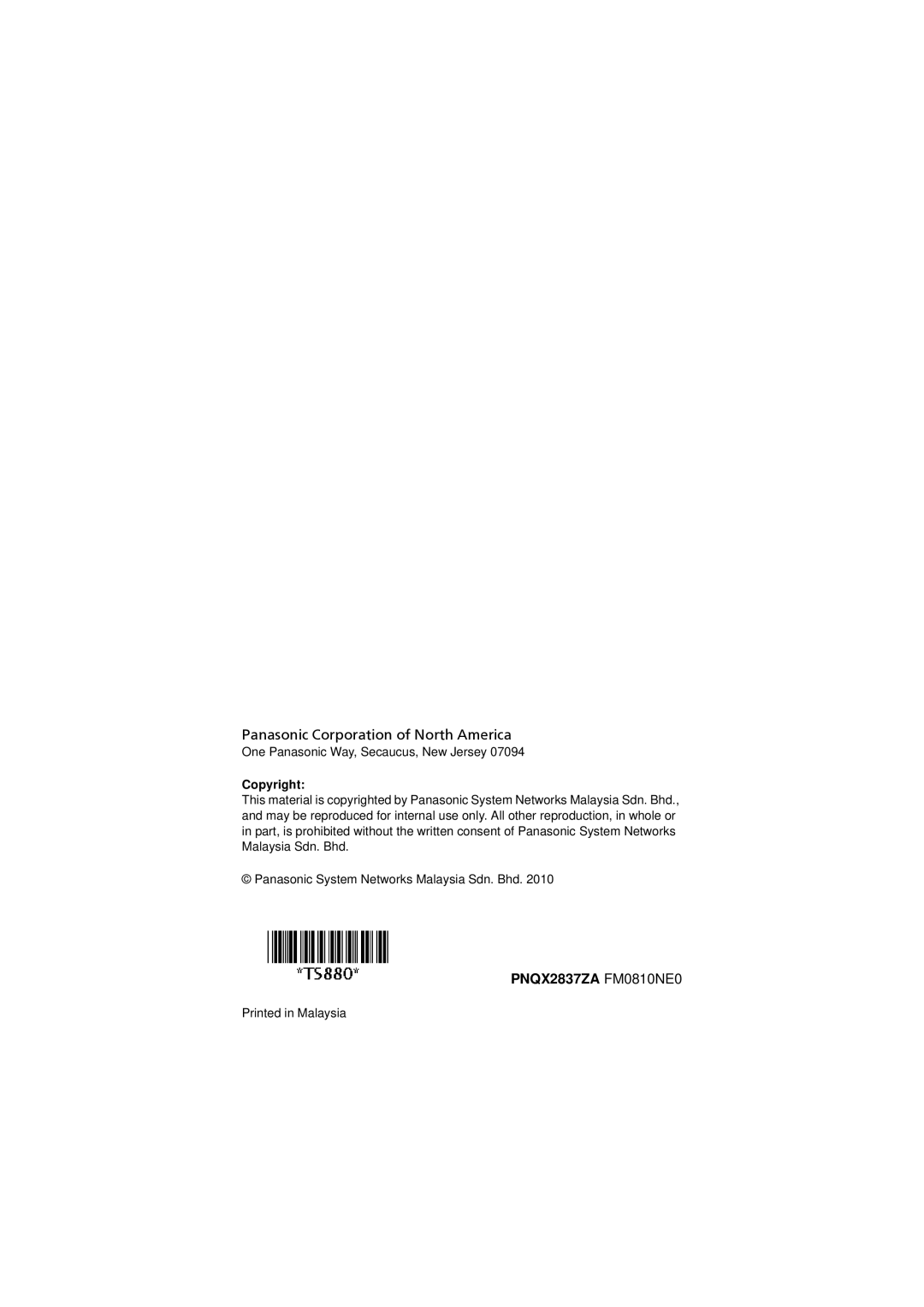 Panasonic KX-TS880 operating instructions Copyright 