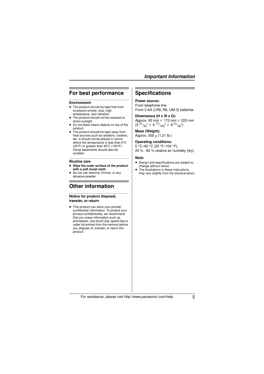 Panasonic KX-TS880 operating instructions For best performance, Other information, Specifications 