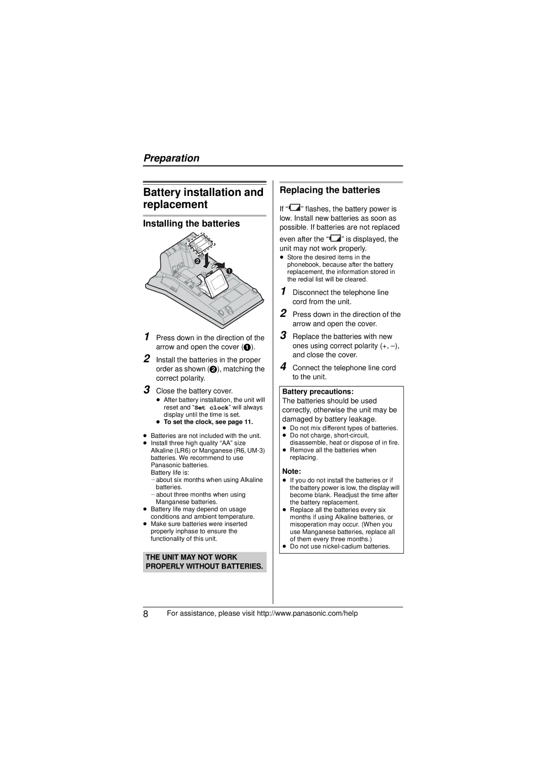 Panasonic KX-TS880 Battery installation and replacement, Installing the batteries, Replacing the batteries 