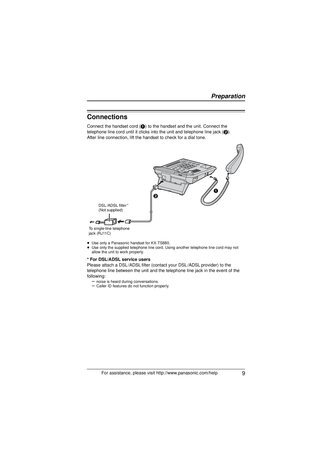 Panasonic KX-TS880 operating instructions Connections, For DSL/ADSL service users 