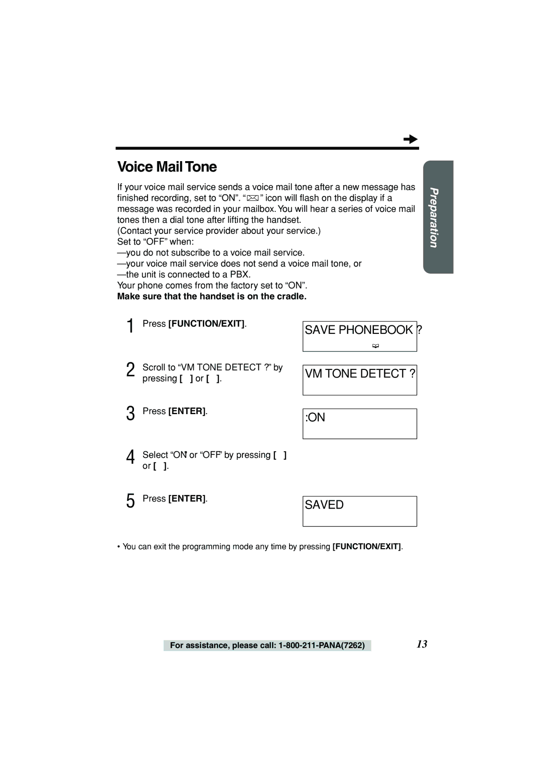 Panasonic KX-TSC11 Voice Mail Tone, Save Phonebook ? VM Tone Detect ? Saved, Make sure that the handset is on the cradle 