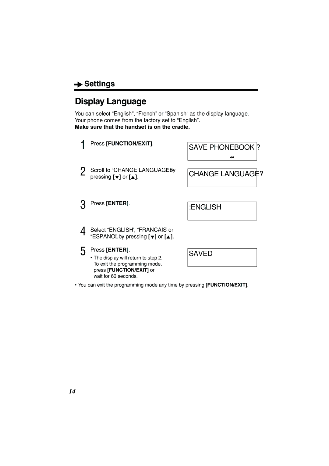 Panasonic KX-TSC11B operating instructions Display Language, Save Phonebook ? Change LANGUAGE? English Saved 