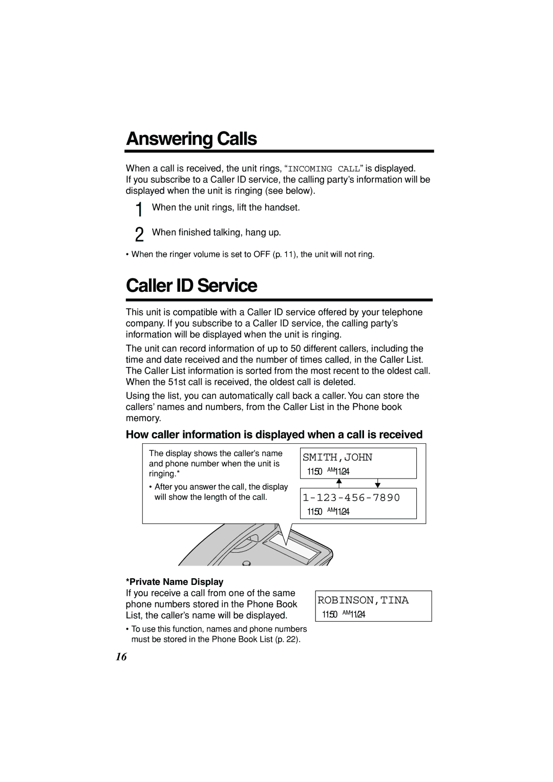 Panasonic KX-TSC11B operating instructions Answering Calls, Caller ID Service, Robinson,Tina, Private Name Display 