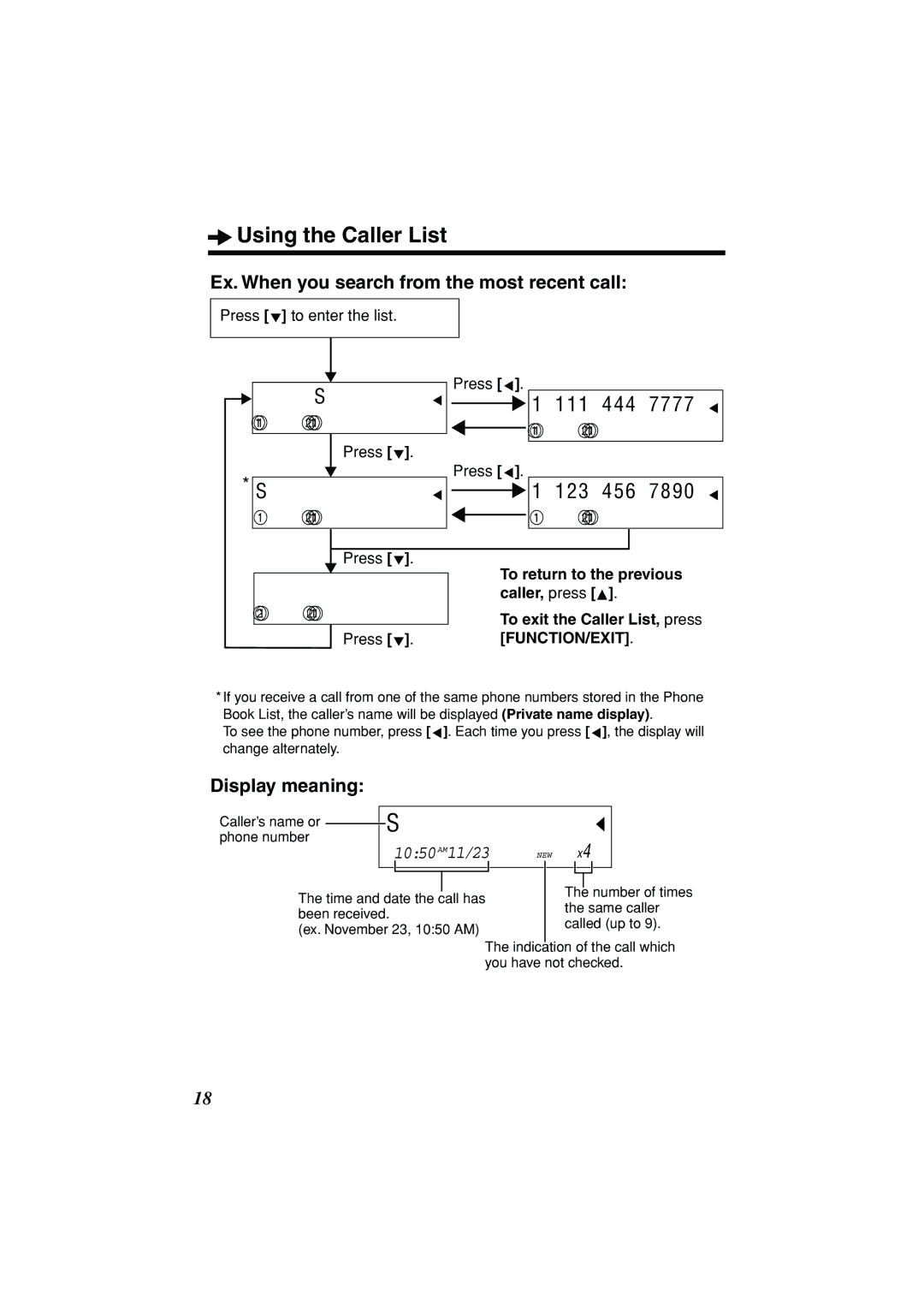 Panasonic KX-TSC11B Using the Caller List, Ex. When you search from the most recent call, Display meaning, Press 