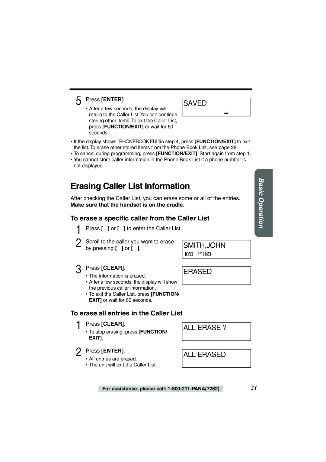 Panasonic KX-TSC11B operating instructions Erasing Caller List Information, ALL Erase ?, ALL Erased 