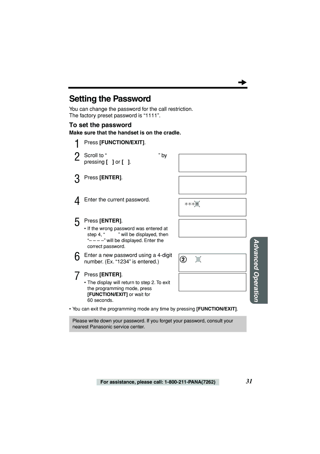 Panasonic KX-TSC11B Setting the Password, Change PASSWORD? Current Password NEW Password, To set the password 