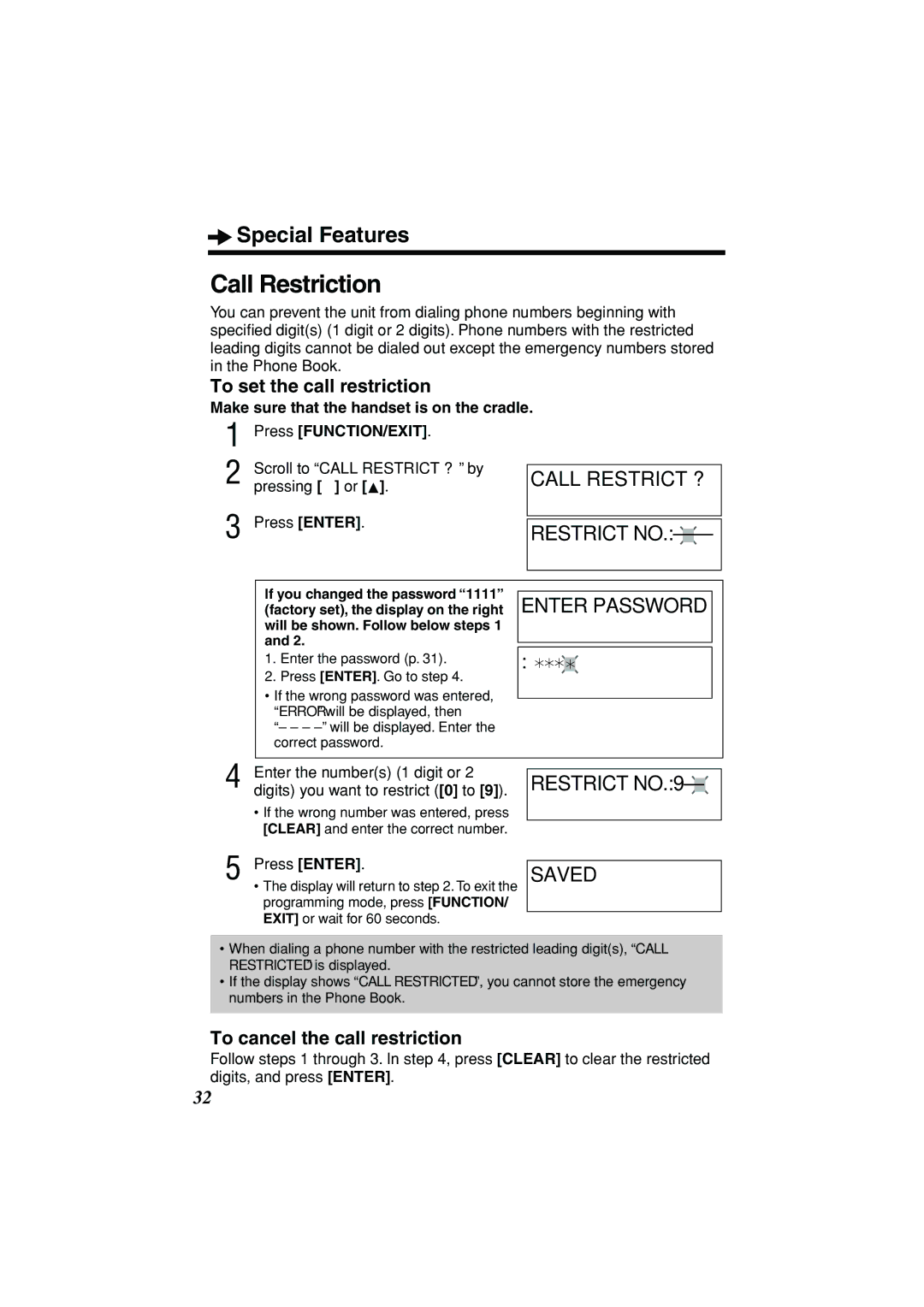 Panasonic KX-TSC11B operating instructions Call Restriction, Call Restrict ? Restrict no, Enter Password, Restrict NO.9 