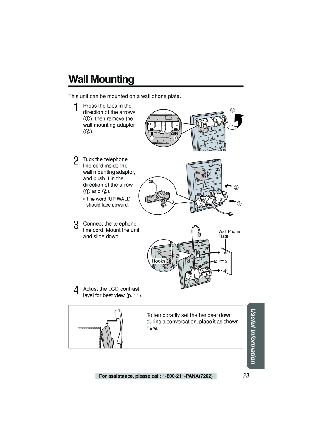 Panasonic KX-TSC11B operating instructions Wall Mounting, Adjust the LCD contrast level for best view p 