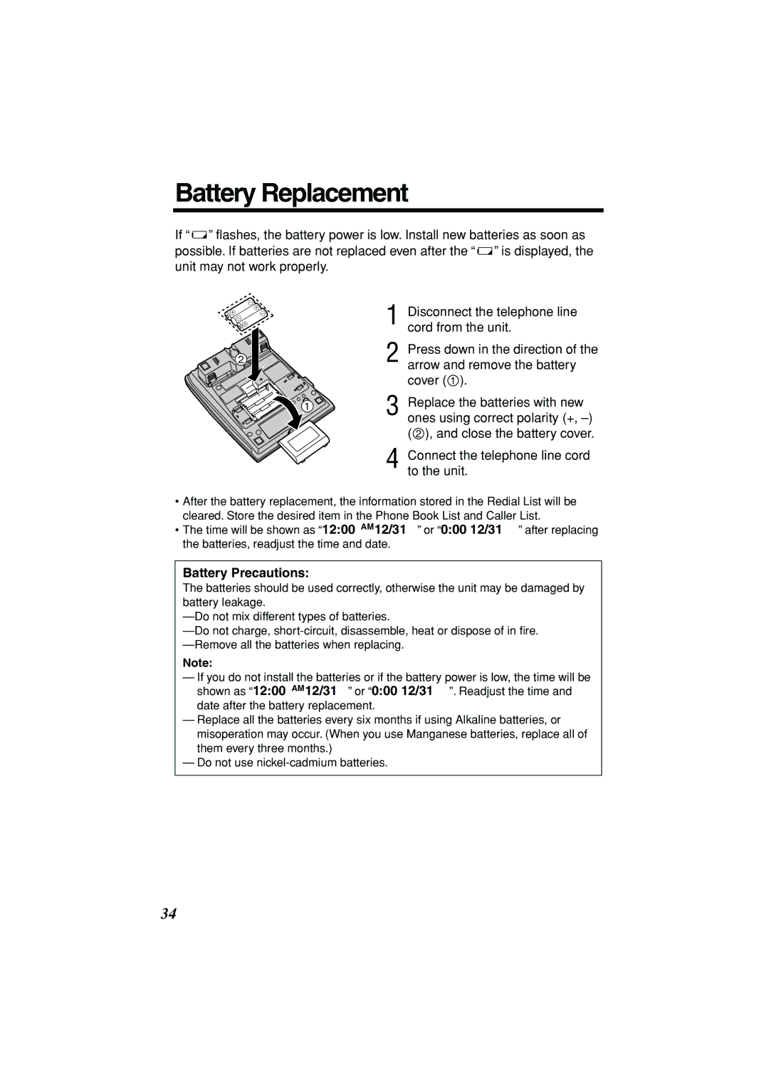 Panasonic KX-TSC11B operating instructions Battery Replacement, Battery Precautions 