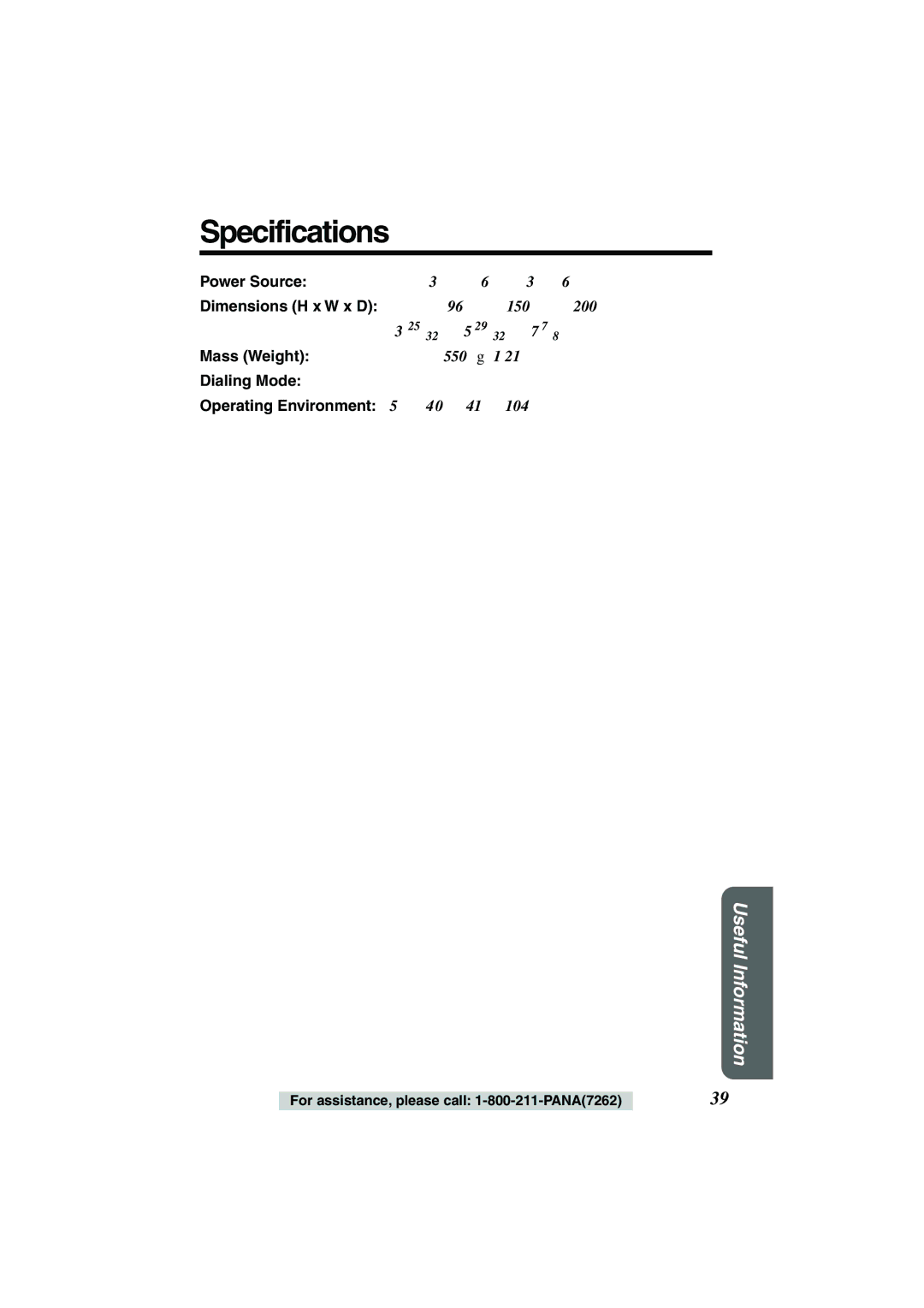 Panasonic KX-TSC11B operating instructions Specifications, Mass Weight, Dialing Mode, Operating Environment 