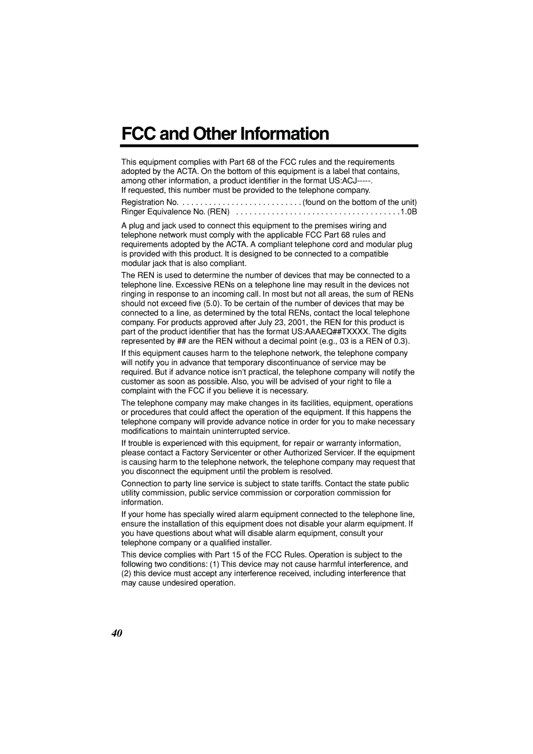 Panasonic KX-TSC11B operating instructions FCC and Other Information 