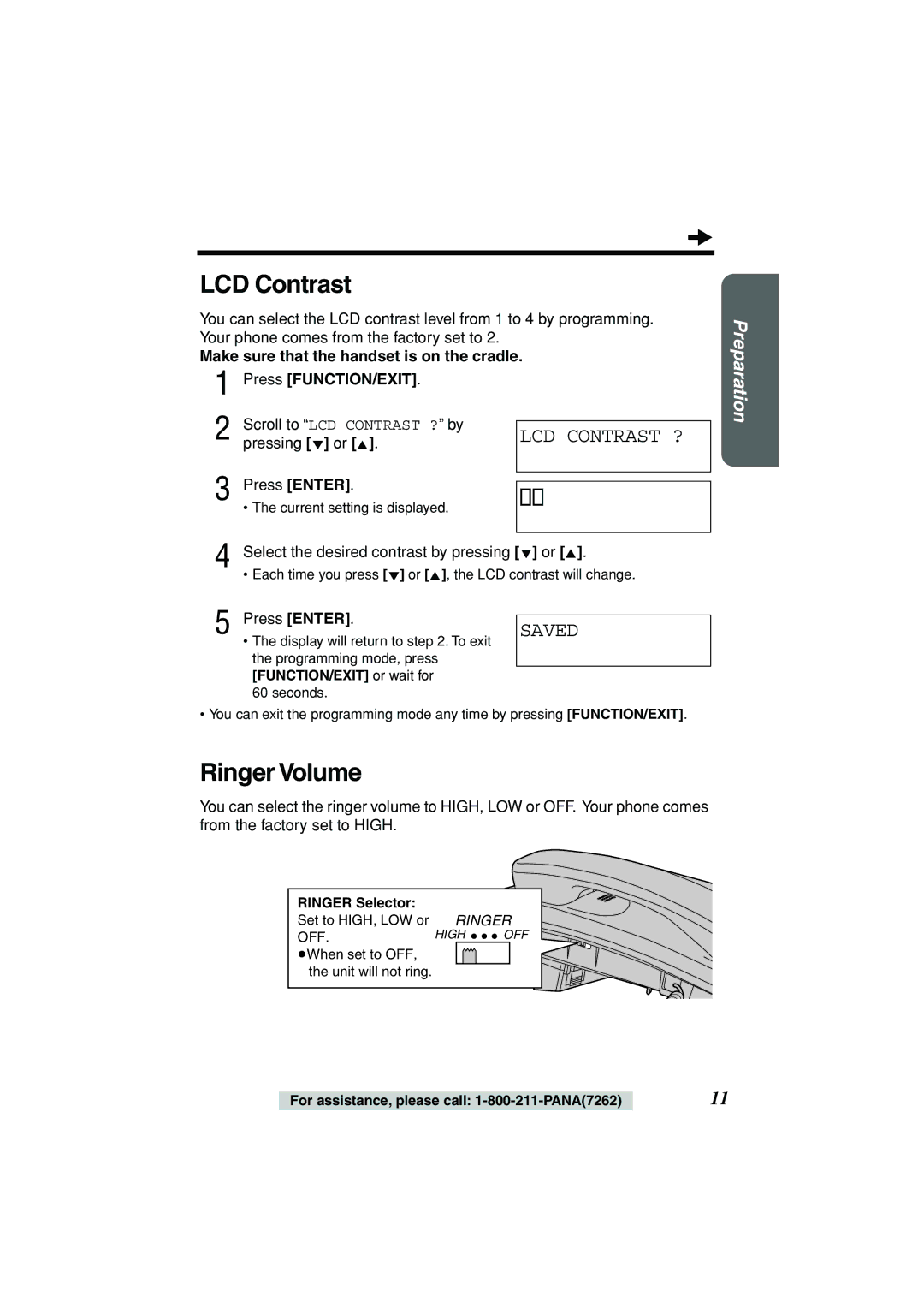 Panasonic KX-TSC11B Ringer Volume, Scroll to LCD Contrast ? by, Select the desired contrast by pressing or 