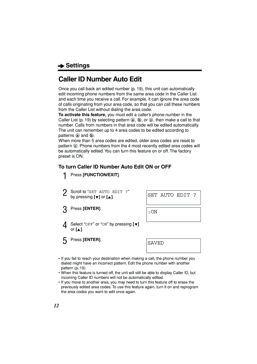 Panasonic KX-TSC11B operating instructions SET Auto Edit ? Saved, To turn Caller ID Number Auto Edit on or OFF 