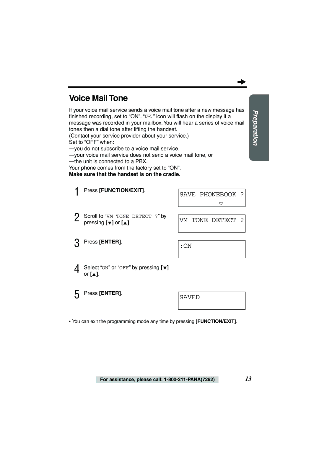 Panasonic KX-TSC11B Voice Mail Tone, Save Phonebook ? VM Tone Detect ? Saved, Make sure that the handset is on the cradle 