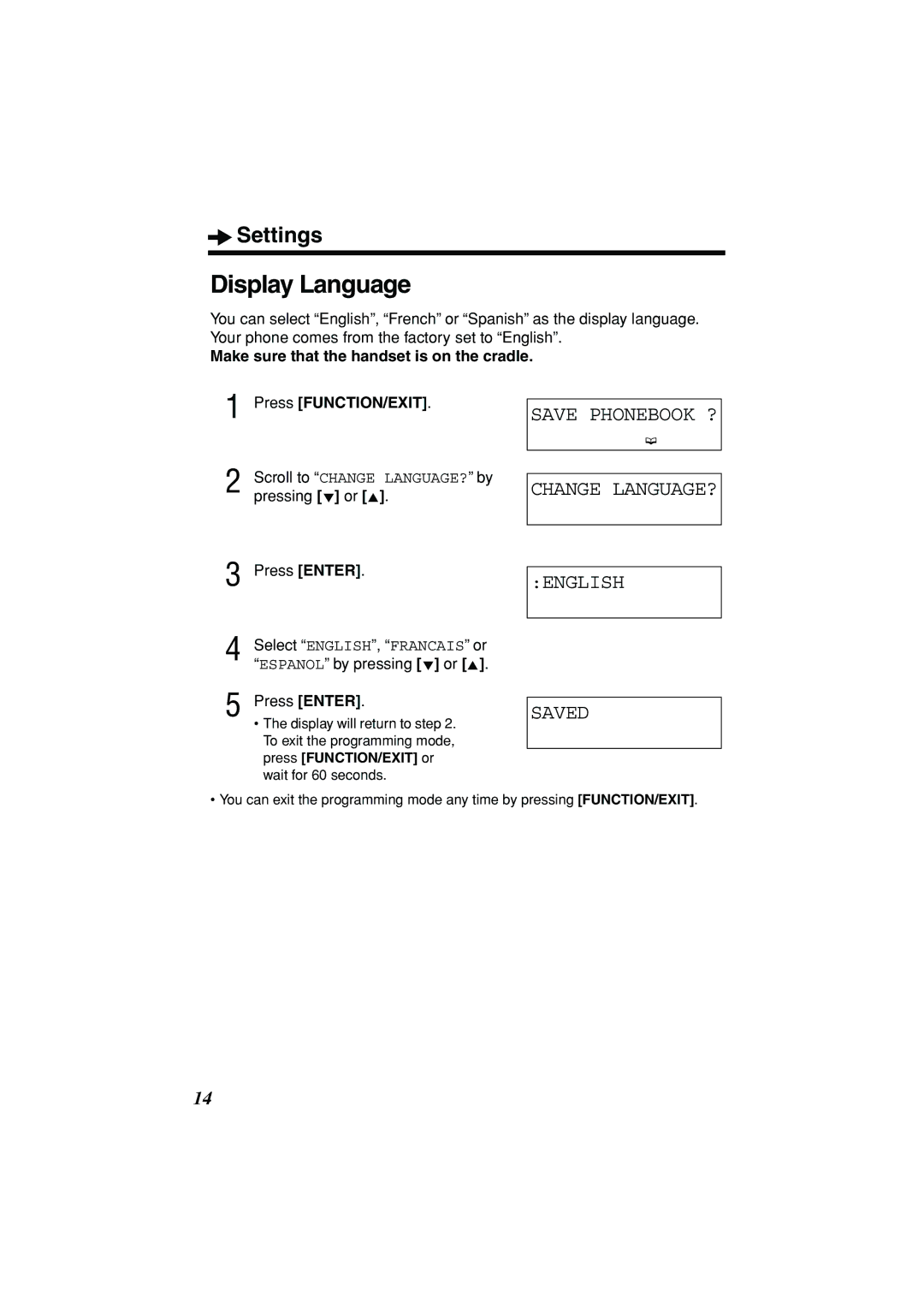 Panasonic KX-TSC11B operating instructions Display Language, Save Phonebook ? Change LANGUAGE? English Saved 