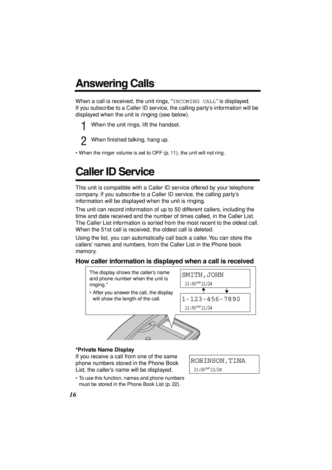 Panasonic KX-TSC11B operating instructions Answering Calls, Caller ID Service, Robinson,Tina, Private Name Display 