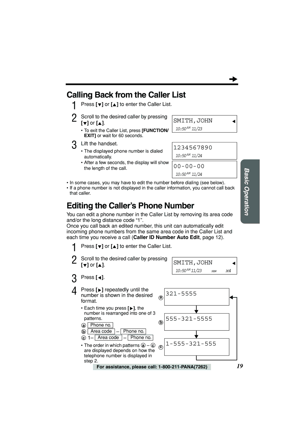 Panasonic KX-TSC11B operating instructions Calling Back from the Caller List, Editing the Caller’s Phone Number 