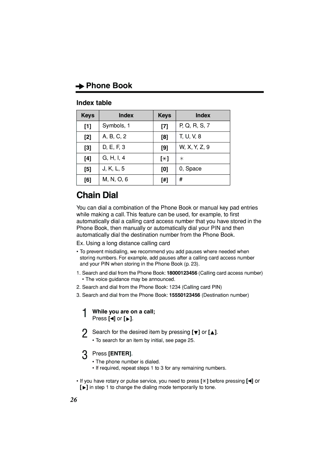 Panasonic KX-TSC11B Chain Dial, Index table, Keys Index Symbols R, S Y, Z Space, While you are on a call 