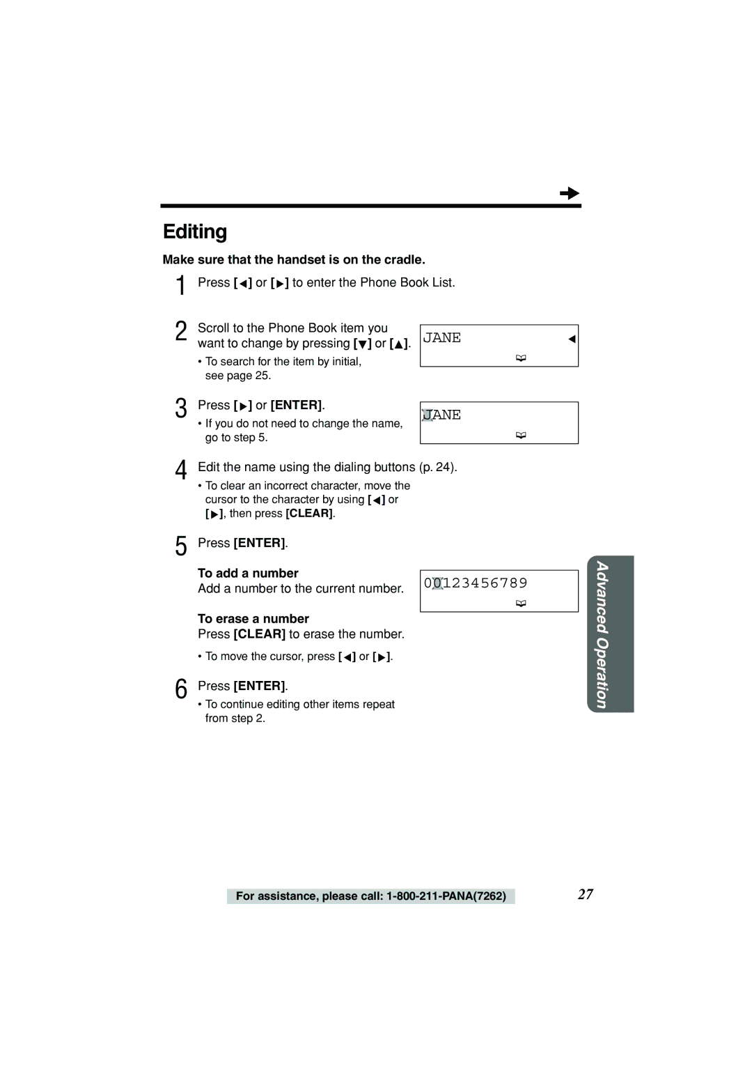 Panasonic KX-TSC11B operating instructions Editing, Jane, Ane, To add a number, To erase a number 