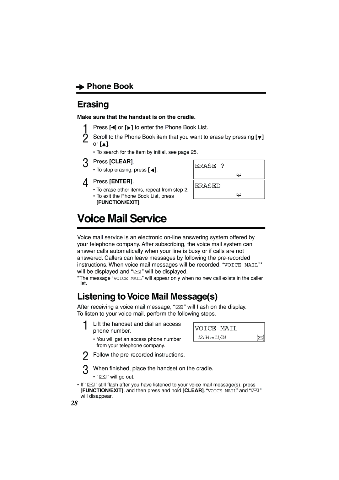 Panasonic KX-TSC11B operating instructions Voice Mail Service, Erasing, Listening to Voice Mail Messages, Erase ? Erased 