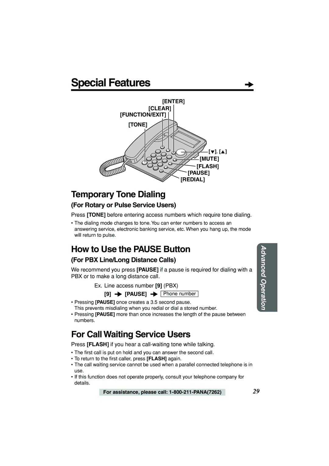 Panasonic KX-TSC11B Special Features, Temporary Tone Dialing, How to Use the Pause Button, For Call Waiting Service Users 