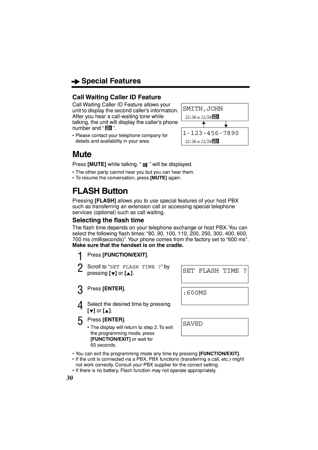 Panasonic KX-TSC11B Mute, Flash Button, SET Flash Time ?, Call Waiting Caller ID Feature, Selecting the ﬂash time 