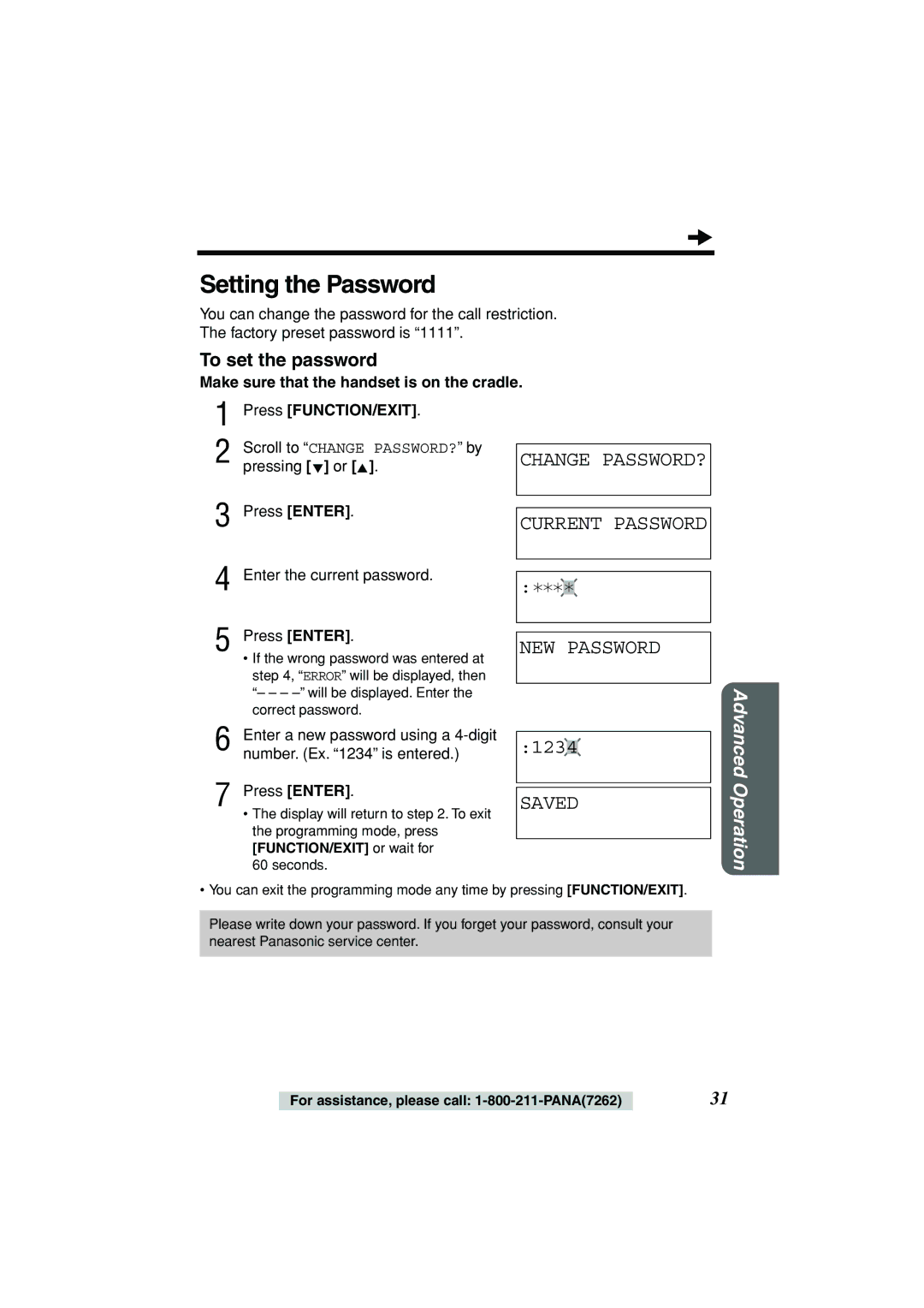 Panasonic KX-TSC11B Setting the Password, Change PASSWORD? Current Password NEW Password, To set the password 