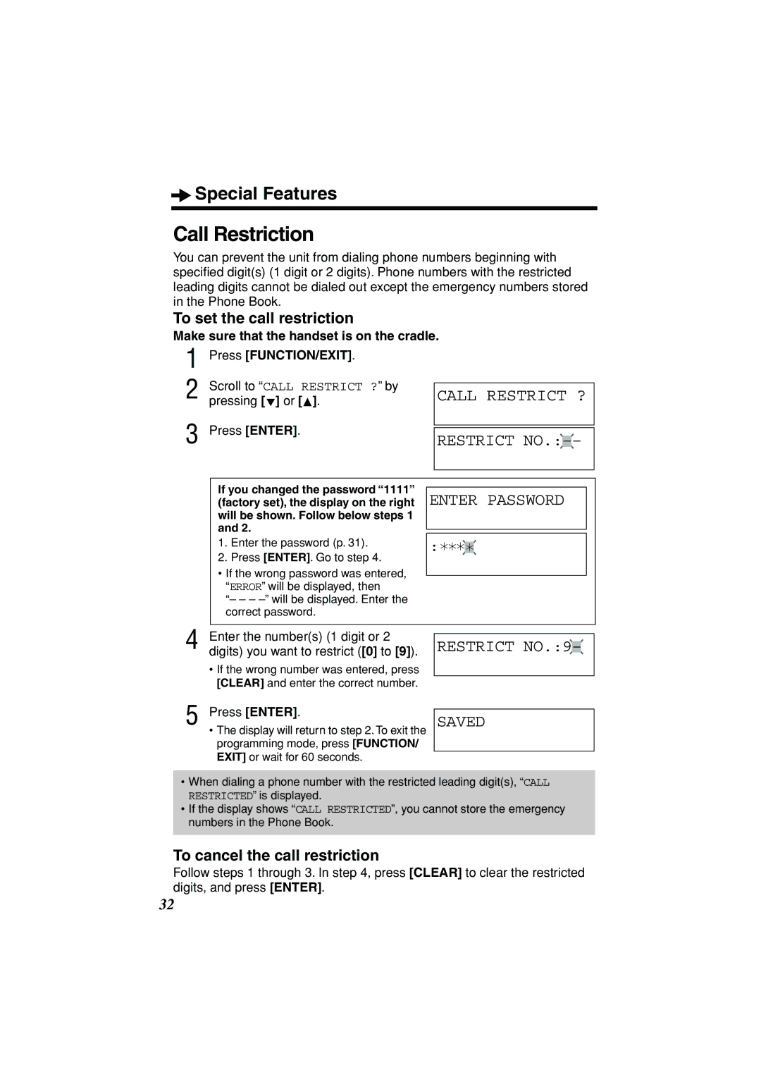 Panasonic KX-TSC11B operating instructions Call Restriction, Call Restrict ? Restrict no, Enter Password, Restrict NO.9 