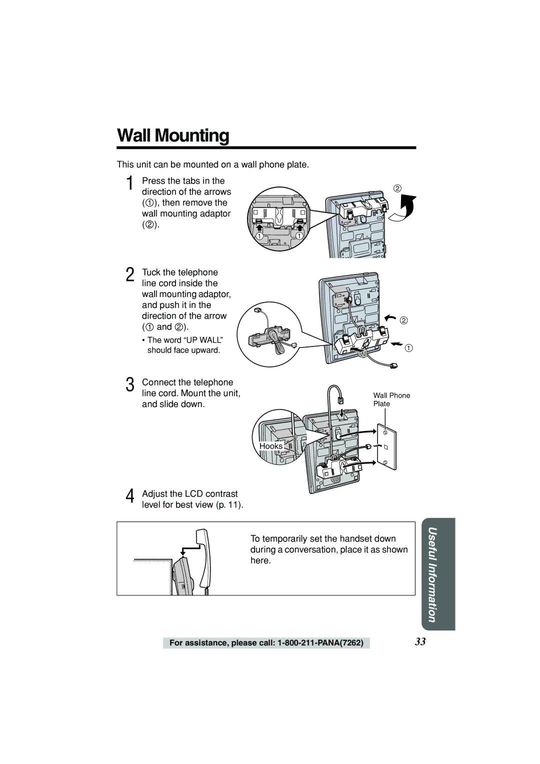 Panasonic KX-TSC11B operating instructions Wall Mounting, Adjust the LCD contrast level for best view p 