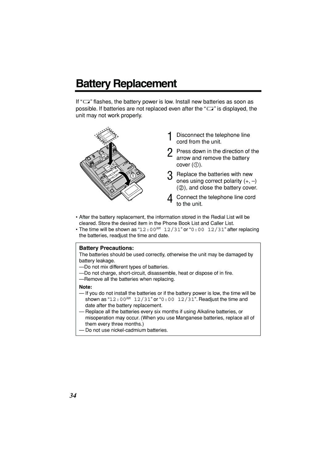 Panasonic KX-TSC11B operating instructions Battery Replacement, Battery Precautions 