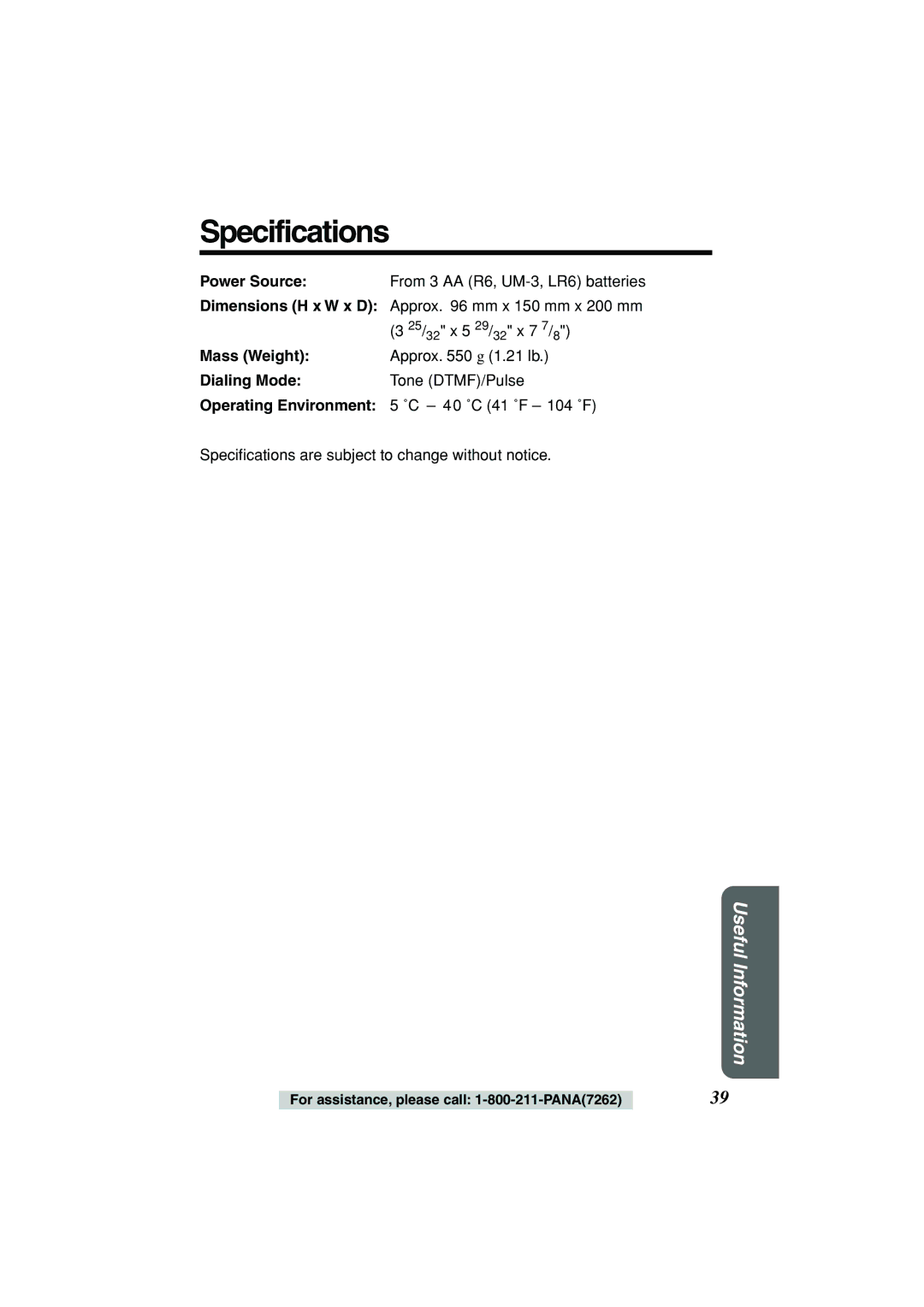 Panasonic KX-TSC11B operating instructions Specifications, Mass Weight, Dialing Mode, Operating Environment 