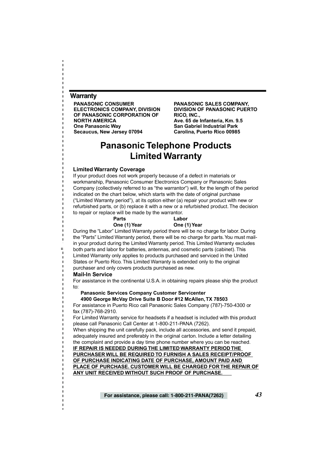 Panasonic KX-TSC11B operating instructions Panasonic Telephone Products Limited Warranty 