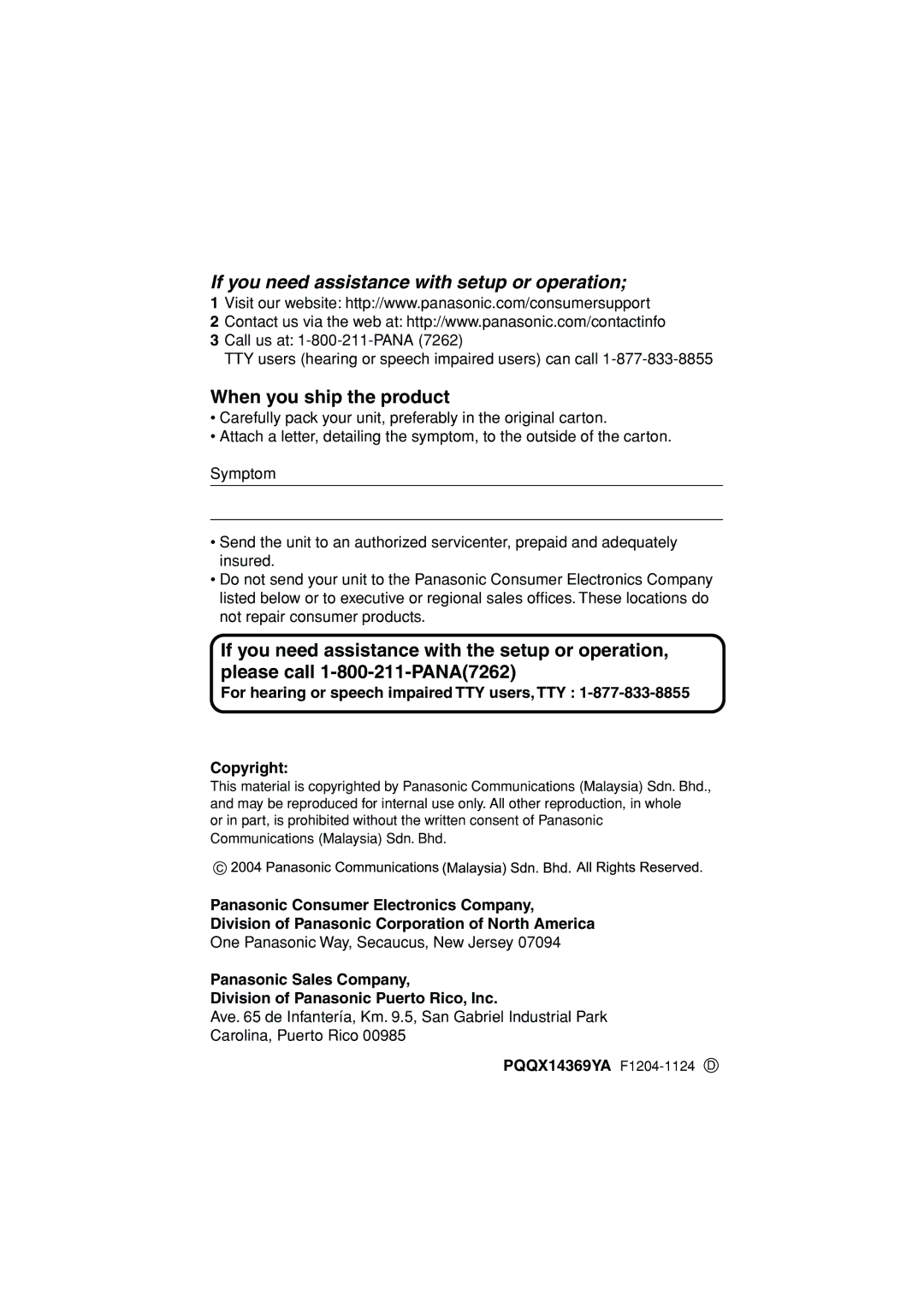 Panasonic KX-TSC11B When you ship the product, For hearing or speech impaired TTY users, TTY Copyright 