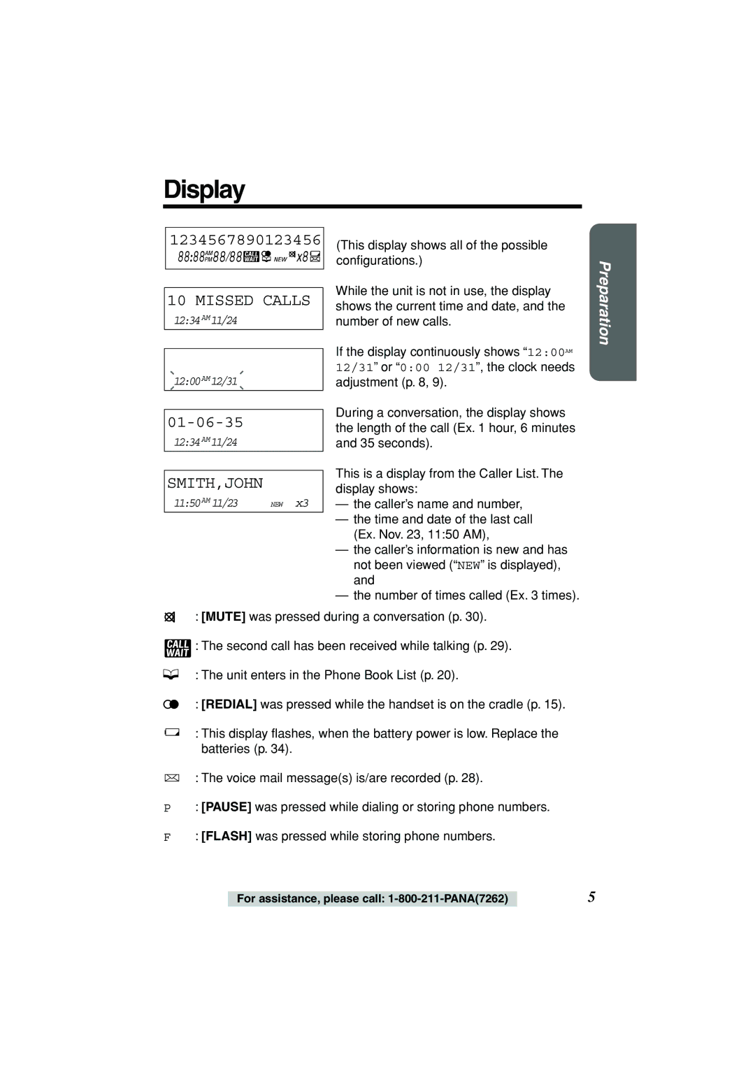 Panasonic KX-TSC11B operating instructions Display, Missed Calls, Smith,John 