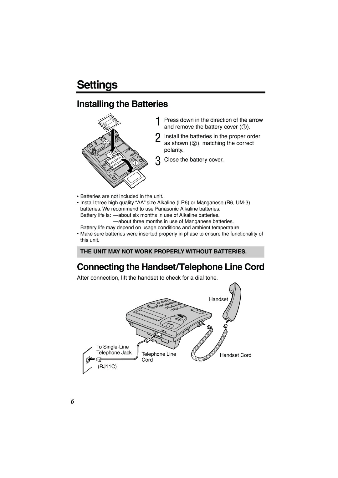 Panasonic KX-TSC11B operating instructions Settings, Installing the Batteries, Connecting the Handset/Telephone Line Cord 